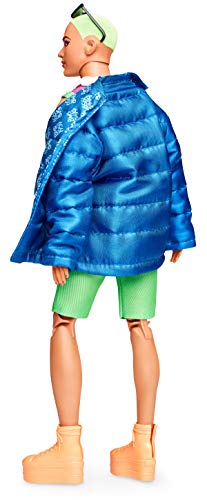 Fully Poseable Fashion Doll with Neon Hair, Neon Overalls, Puffer Jacket, Accessories, and Doll Stand I26952