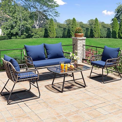 4-Piece Outdoor Wicker Bistro Set with Cushions and Metal Table B65618