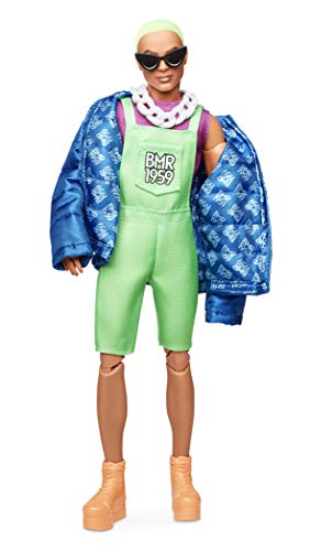 Fully Poseable Fashion Doll with Neon Hair, Neon Overalls, Puffer Jacket, Accessories, and Doll Stand I26952