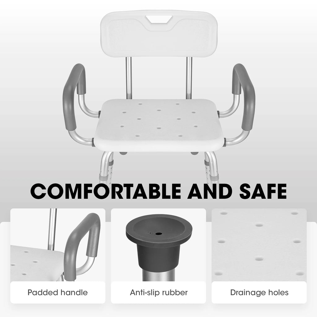 Shower Chair with Back and Padded Armrests, 6 Levels Adjustable Height I287