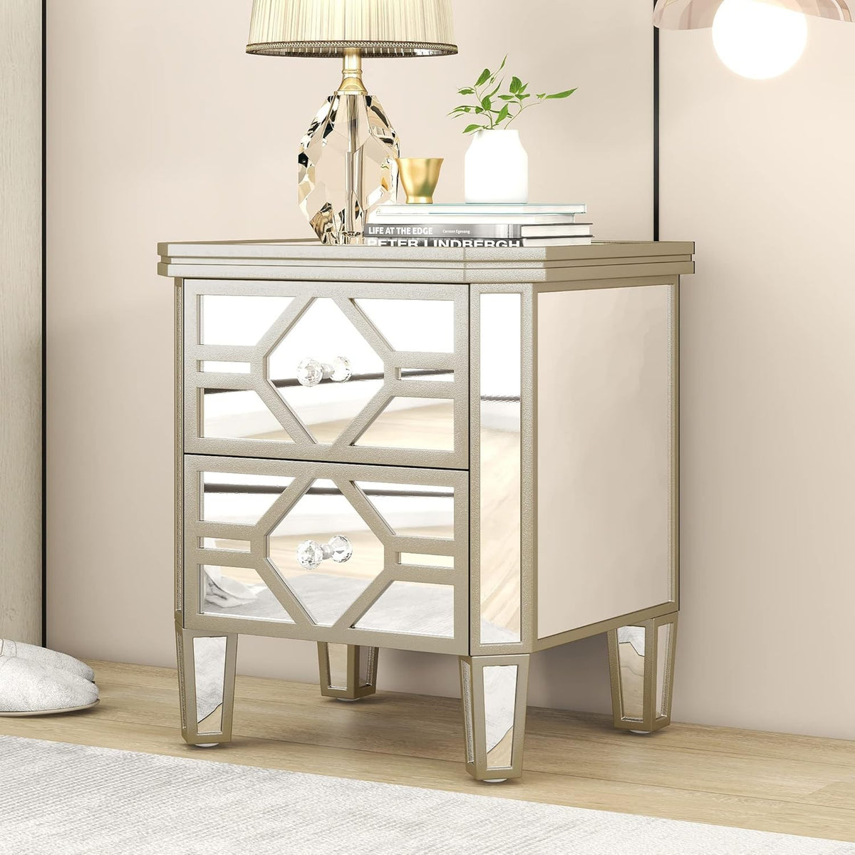 Mirrored 2-Drawer Nightstand End Table with Golden Lines, Silver Q107538