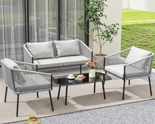 4-Piece Outdoor Wicker Bistro Set with Cushions and Metal Table B65618