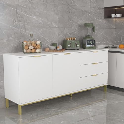 White Sideboard Storage Cabinet with Drawers and Doors, Gold Metal Frame Legs U7806
