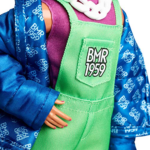 Fully Poseable Fashion Doll with Neon Hair, Neon Overalls, Puffer Jacket, Accessories, and Doll Stand I26952