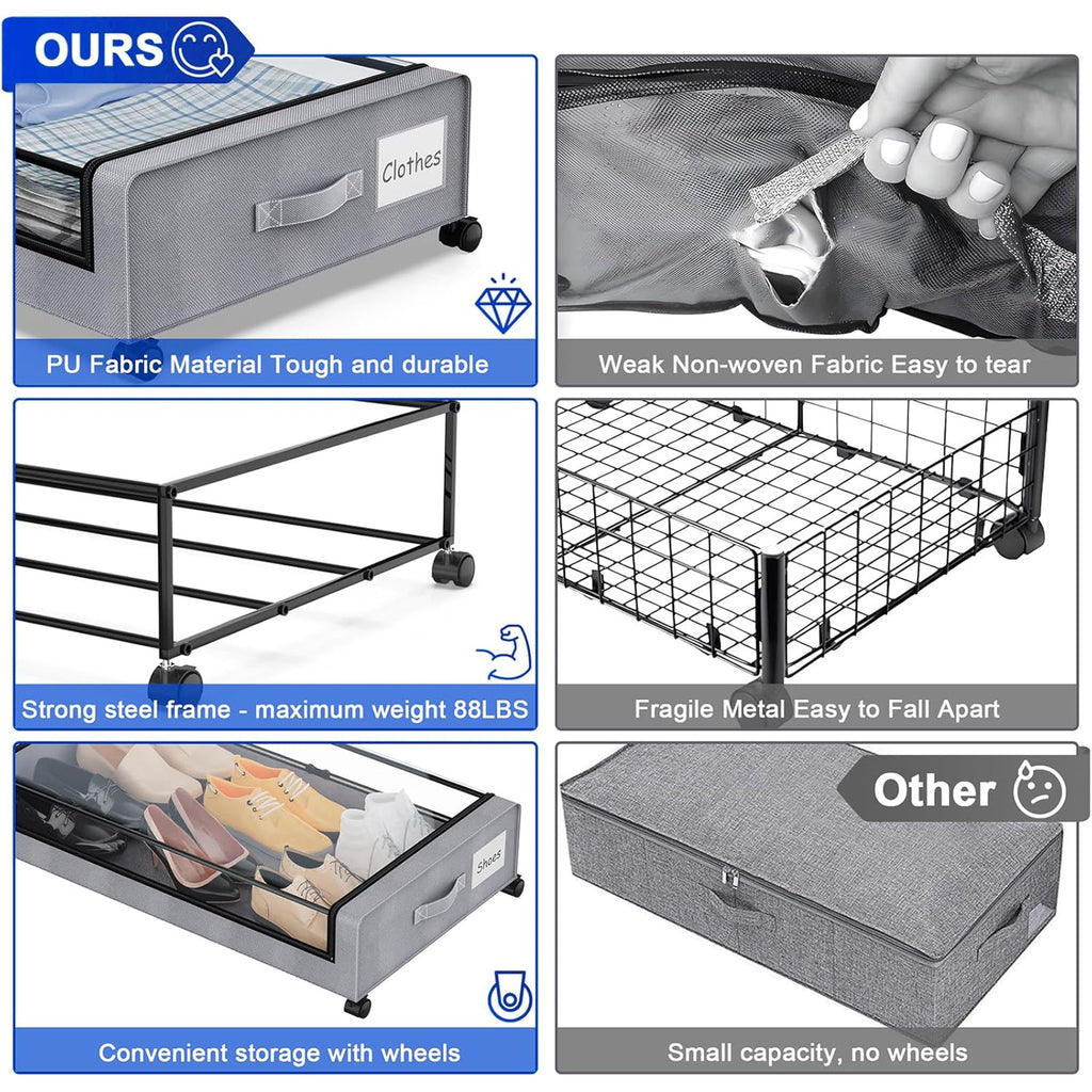 Gray 4-Pack 60L Under Bed Storage Bins with Wheels and Clear Lids C7312