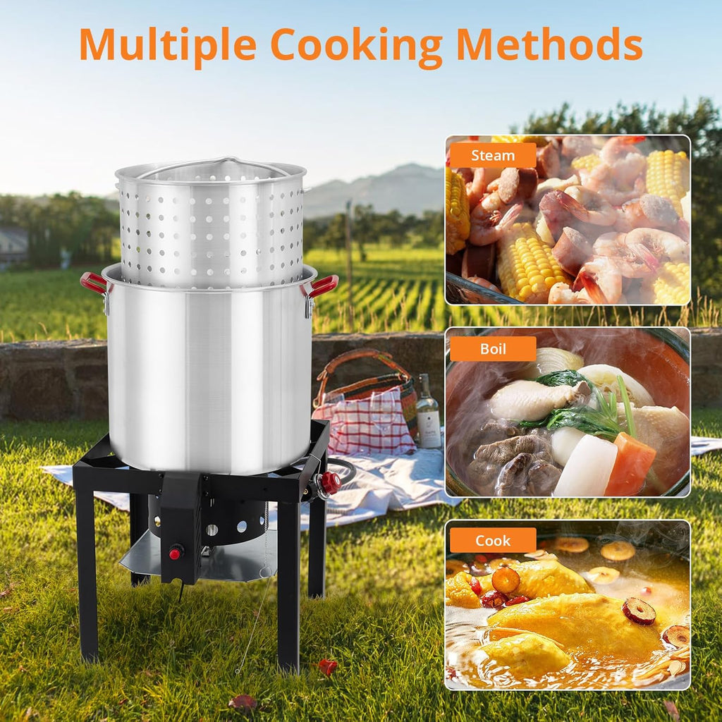 80 Qt Aluminum Seafood Boil Pot with Steam Basket and Propane Jet Burner N2415