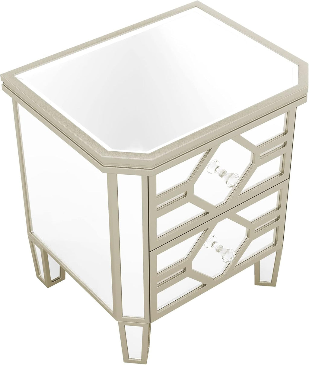 Mirrored 2-Drawer Nightstand End Table with Golden Lines, Silver Q107538