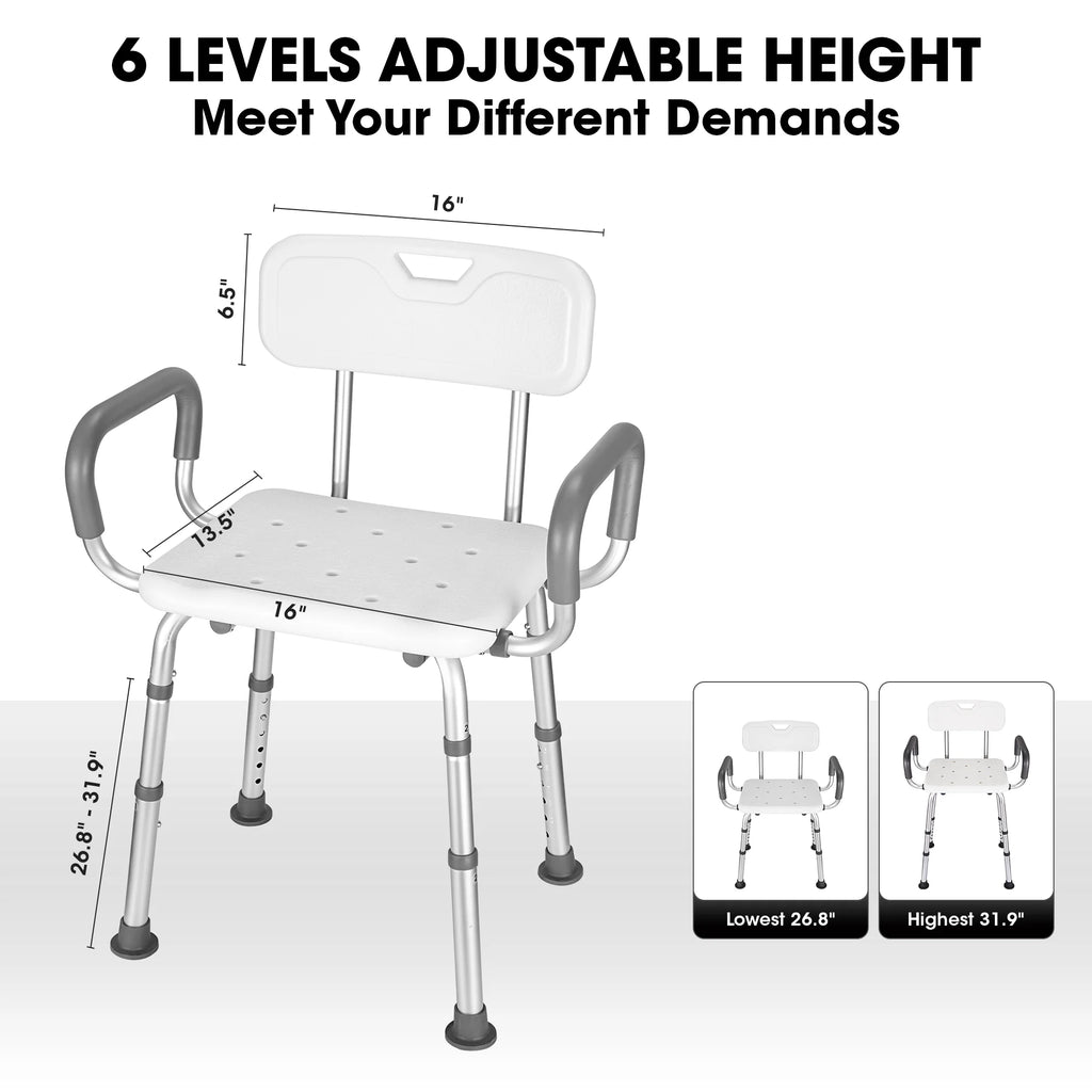 Shower Chair with Back and Padded Armrests, 6 Levels Adjustable Height I287