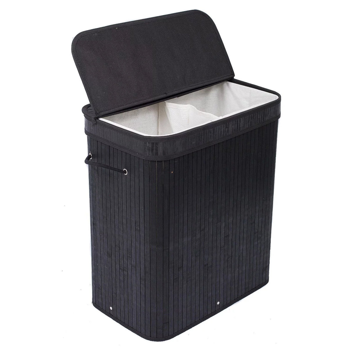 Black Bamboo Double Laundry Hamper with Lid and Cloth Liner S1731