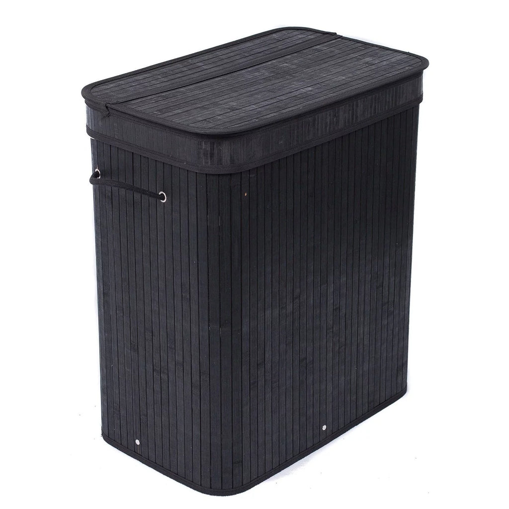 Black Bamboo Double Laundry Hamper with Lid and Cloth Liner S1731