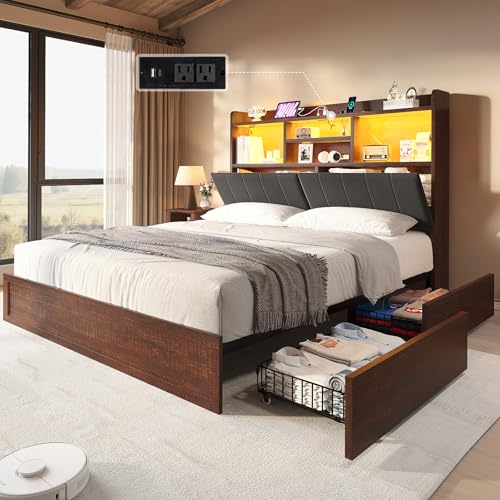 Black Farmhouse Bed Frame with Bookcase Headboard and 4 Drawers G23714