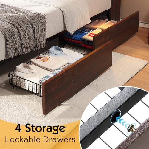 Black Farmhouse Bed Frame with Bookcase Headboard and 4 Drawers G23714