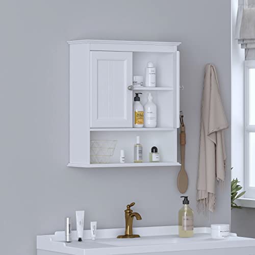 White Wood Bathroom Wall Cabinet with Doors and Shelves L508355