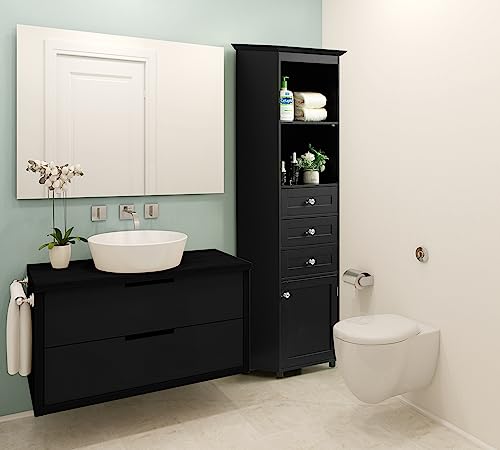Black Tall Freestanding Storage Cabinet with 2 Open Shelves, 3 Drawers U210