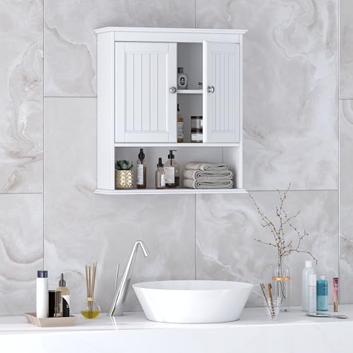 White Wood Bathroom Wall Cabinet with Doors and Shelves L508355