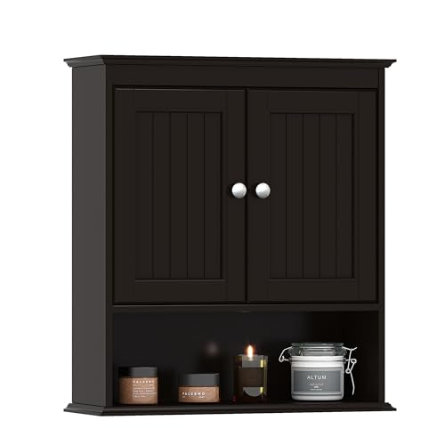 White Wood Bathroom Wall Cabinet with Doors and Shelves L508355