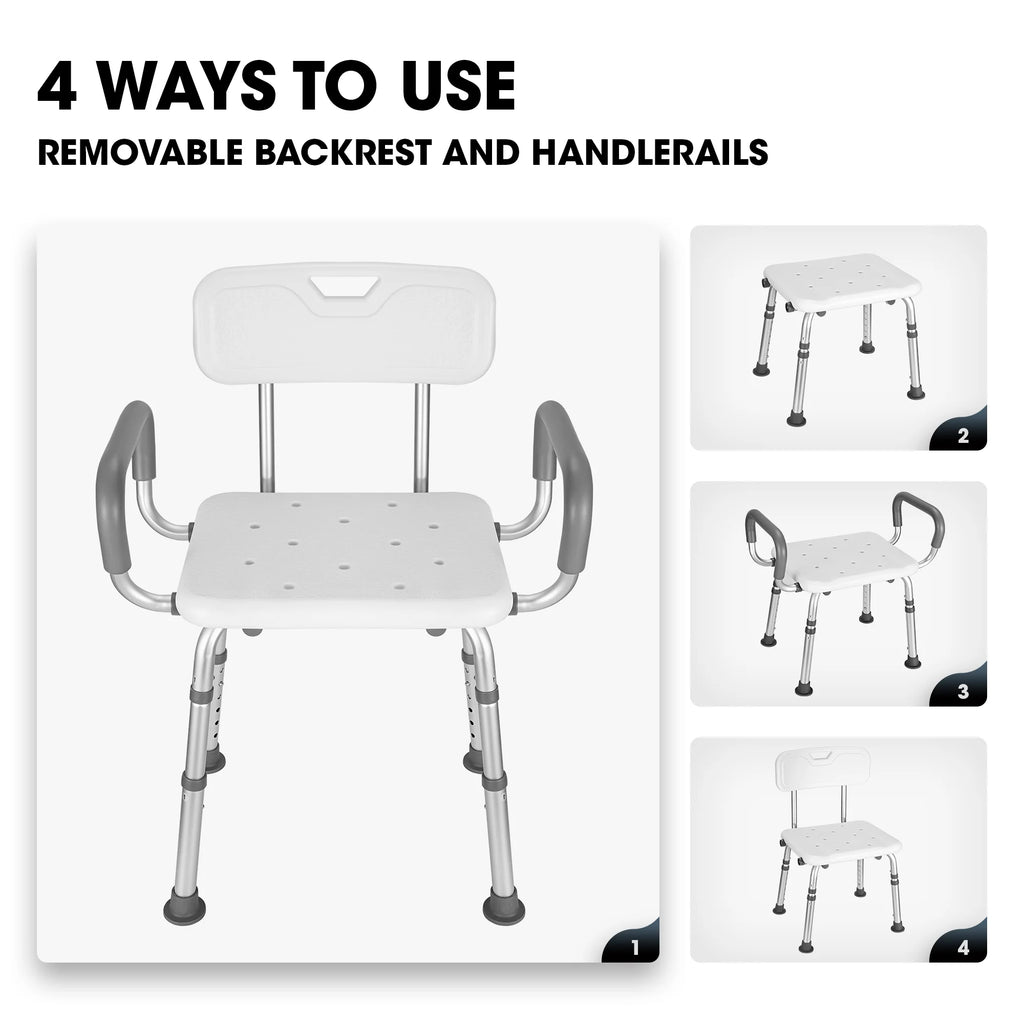 Shower Chair with Back and Padded Armrests, 6 Levels Adjustable Height I287