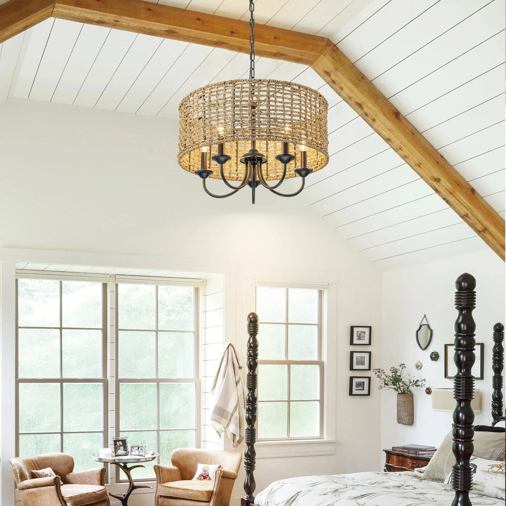 Distressed Hand-Woven Drum Chandelier I98437