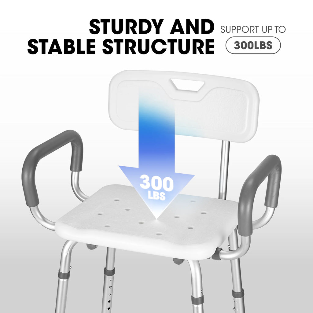 Shower Chair with Back and Padded Armrests, 6 Levels Adjustable Height I287