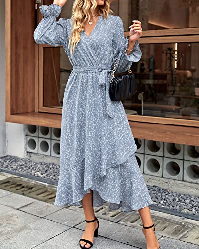 Women Long Sleeve Wrap Maxi Dress V Neck Floral High Waist Flowy Ruffle Dresses with Belt M273