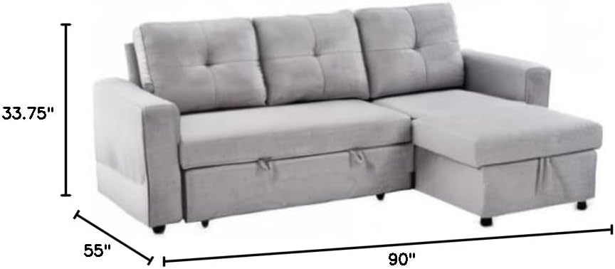 Gray 90" Reversible Pull Out Sleeper L-Shaped Sectional Sofa-Bed with Storage Chaise R3006