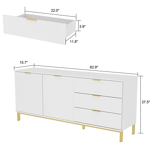 White Sideboard Storage Cabinet with Drawers and Doors, Gold Metal Frame Legs U7806