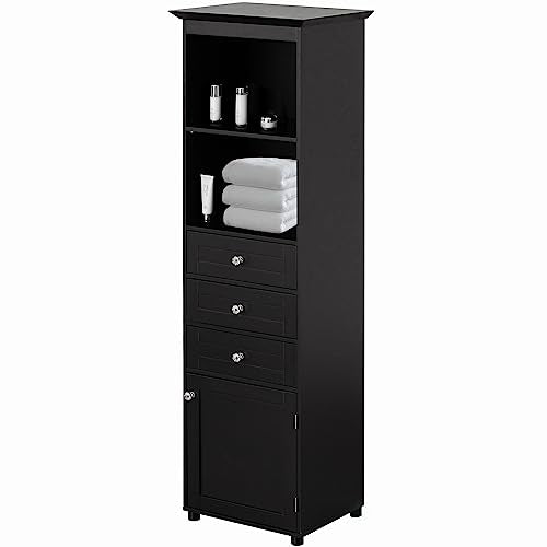 Black Tall Freestanding Storage Cabinet with 2 Open Shelves, 3 Drawers U210