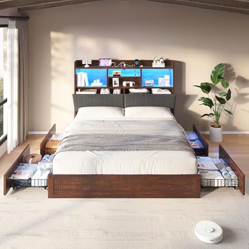 Black Farmhouse Bed Frame with Bookcase Headboard and 4 Drawers G23714