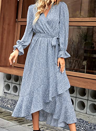 Women Long Sleeve Wrap Maxi Dress V Neck Floral High Waist Flowy Ruffle Dresses with Belt M273