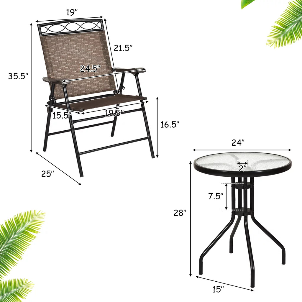 3 PCS Bistro Patio Dining Set with 2 Folding Chairs & Glass Table E97693
