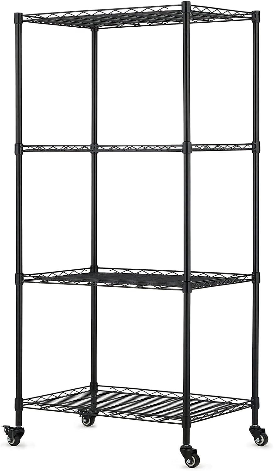 Black 4-Shelf Wire Rack Shelving on Wheel Casters, Pack of 2 L838