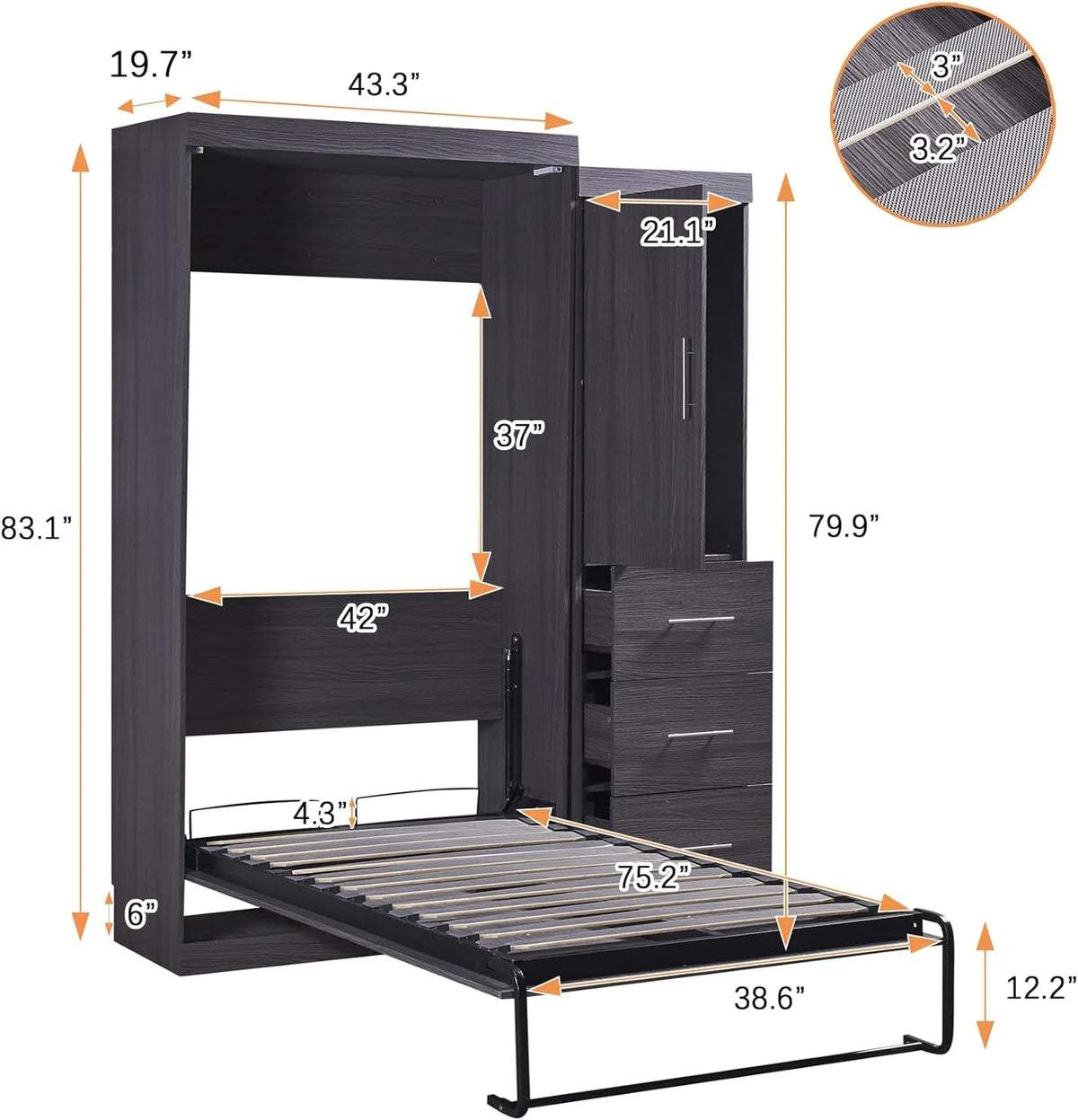 Gray Foldable Storage Bed with Wardrobe and Drawers B69359