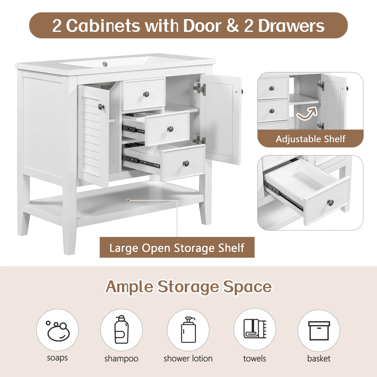 36" White Bathroom Vanity with Ceramic Basin Z2842