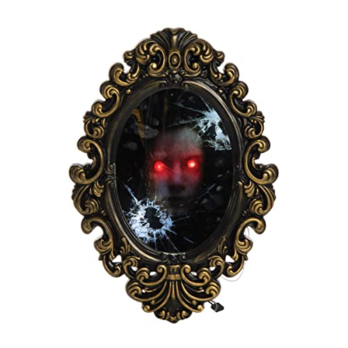 9" x 13" Broken Effect Mirror with Creepy Face Red Eyes Black Plastic Decoration D86399