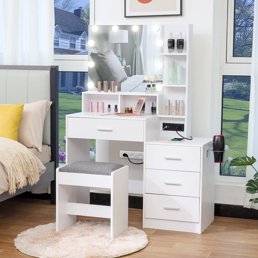 Large White Vanity Table Set with Lighted Mirror and 4 Drawers P70451