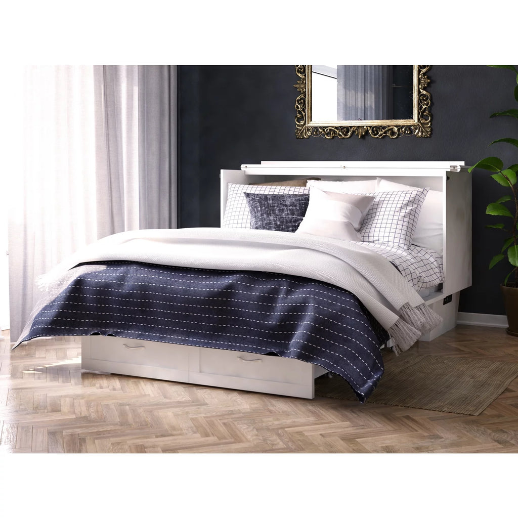 Queen Solid Wood Murphy Bed Chest with Mattress in White P423