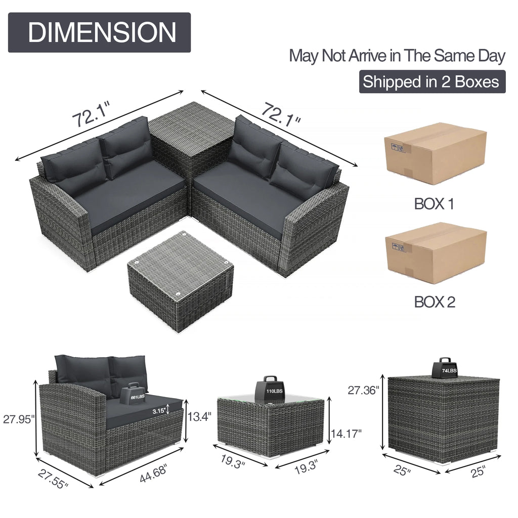 4 Pieces PE Rattan Sectional Sofa Set with Glass Table K171