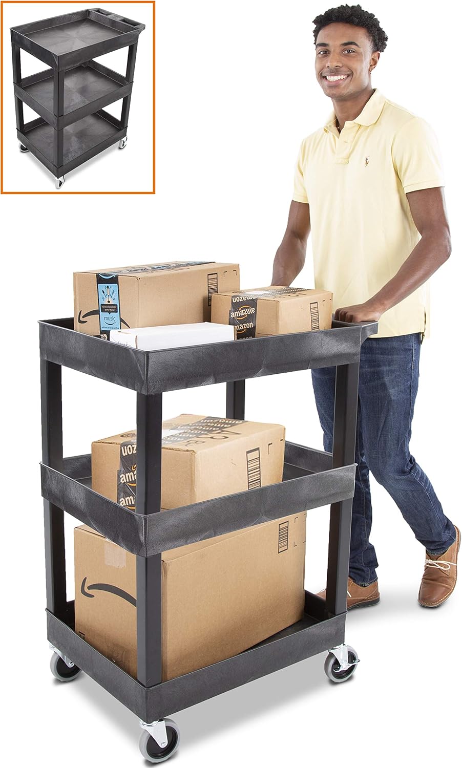 Compact 3 Shelf Heavy Duty Utility Cart with Deep Shelves, Gray R938