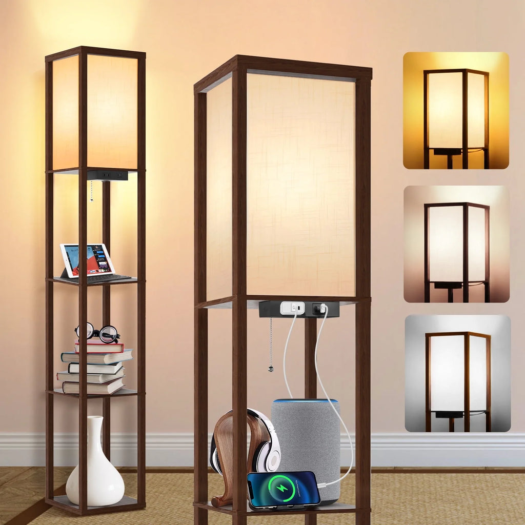 Floor Lamp with Shelves, USB Port, Linen Shade I570150