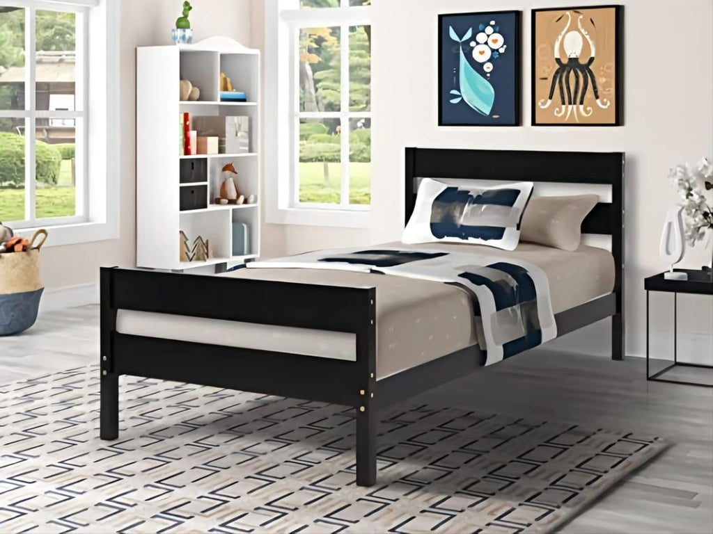 White Twin Wood Platform Bed with Headboard and Footboard S685
