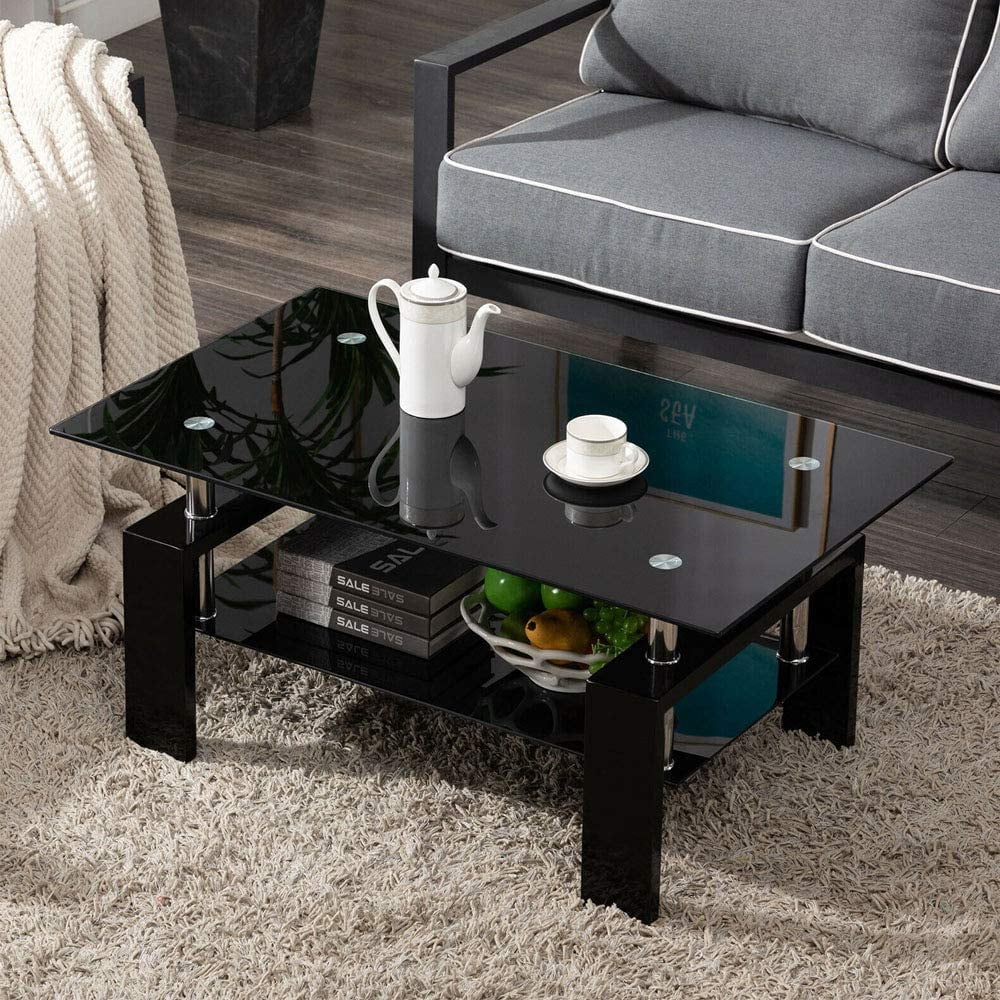 Black Rectangle Glass Coffee Table with Shelf and Wooden Legs J66651