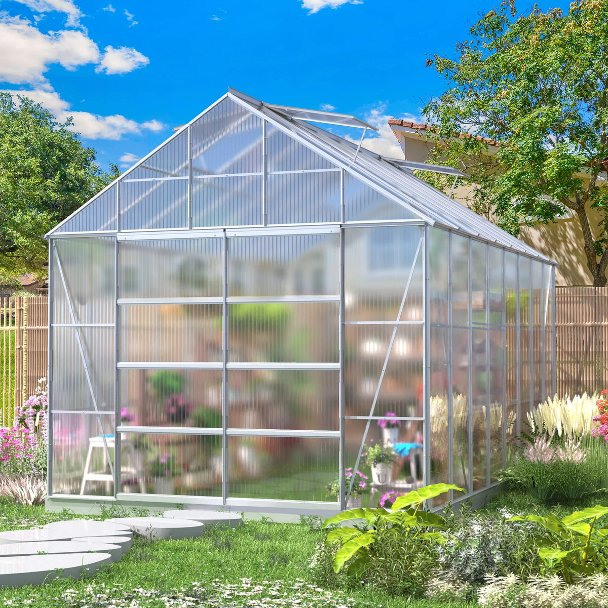 10' x 16' Walk-in Polycarbonate Greenhouse with Adjustable Roof Vent F4125