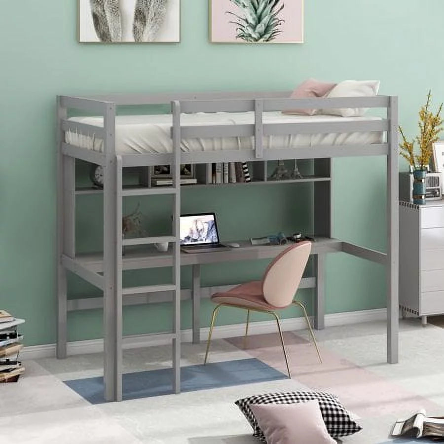 Twin Size Wooden Loft Bed with Desk and Ladder K28311