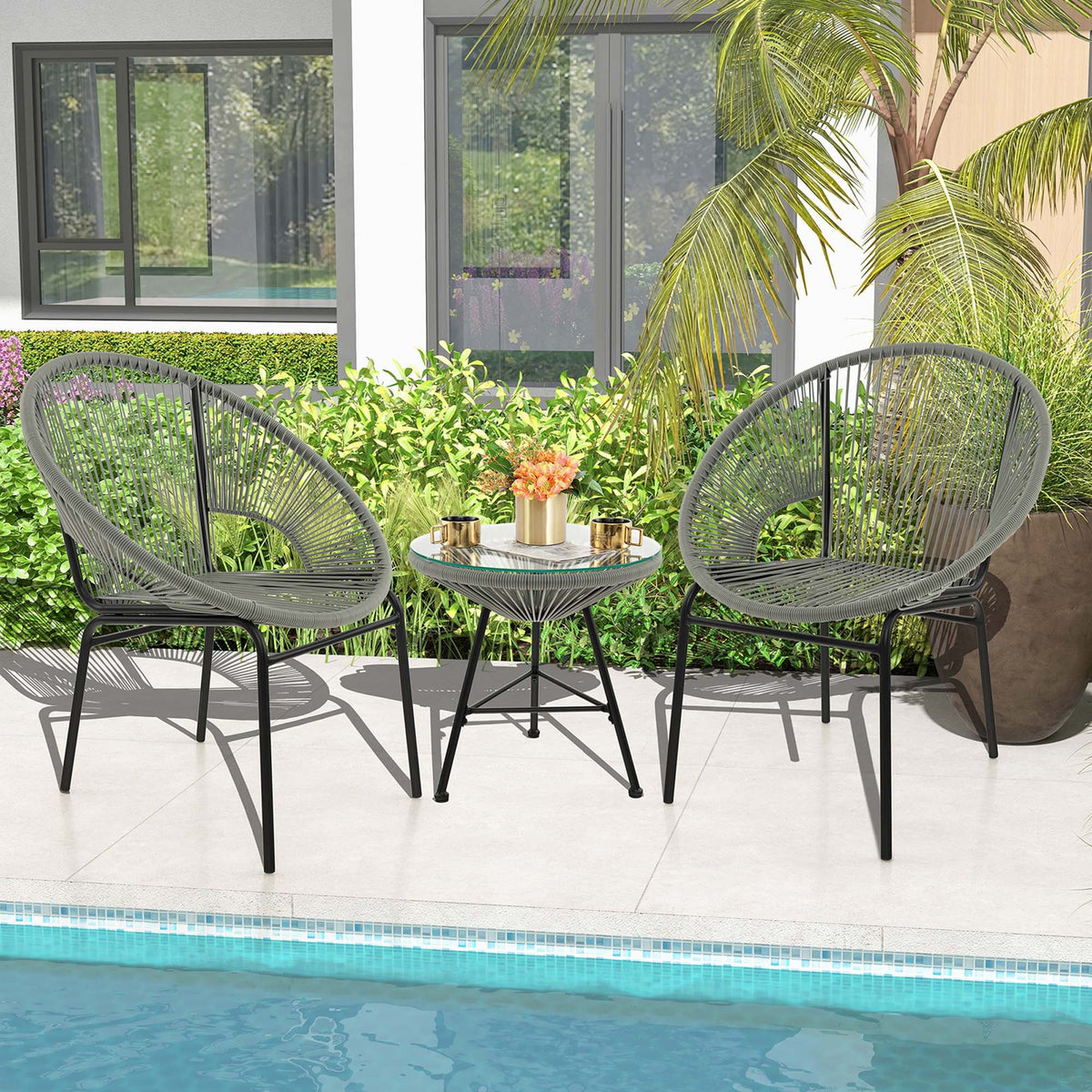 3 Pc Black Plastic Rope Patio Bistro Set T253912