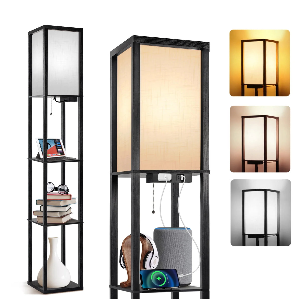 Floor Lamp with Shelves, USB Port, Linen Shade I570150