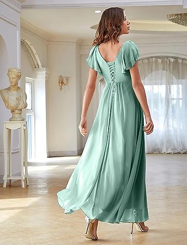 V Neck Flutter Sleeves Chiffon Aline Bridesmaid Dress with Slit N615289