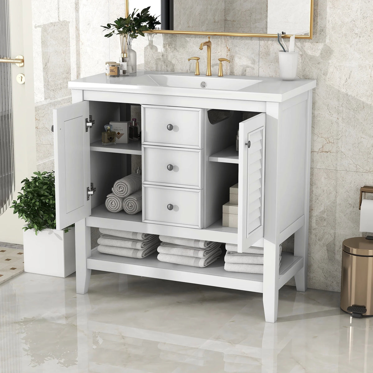 36" White Bathroom Vanity with Ceramic Basin Z2842