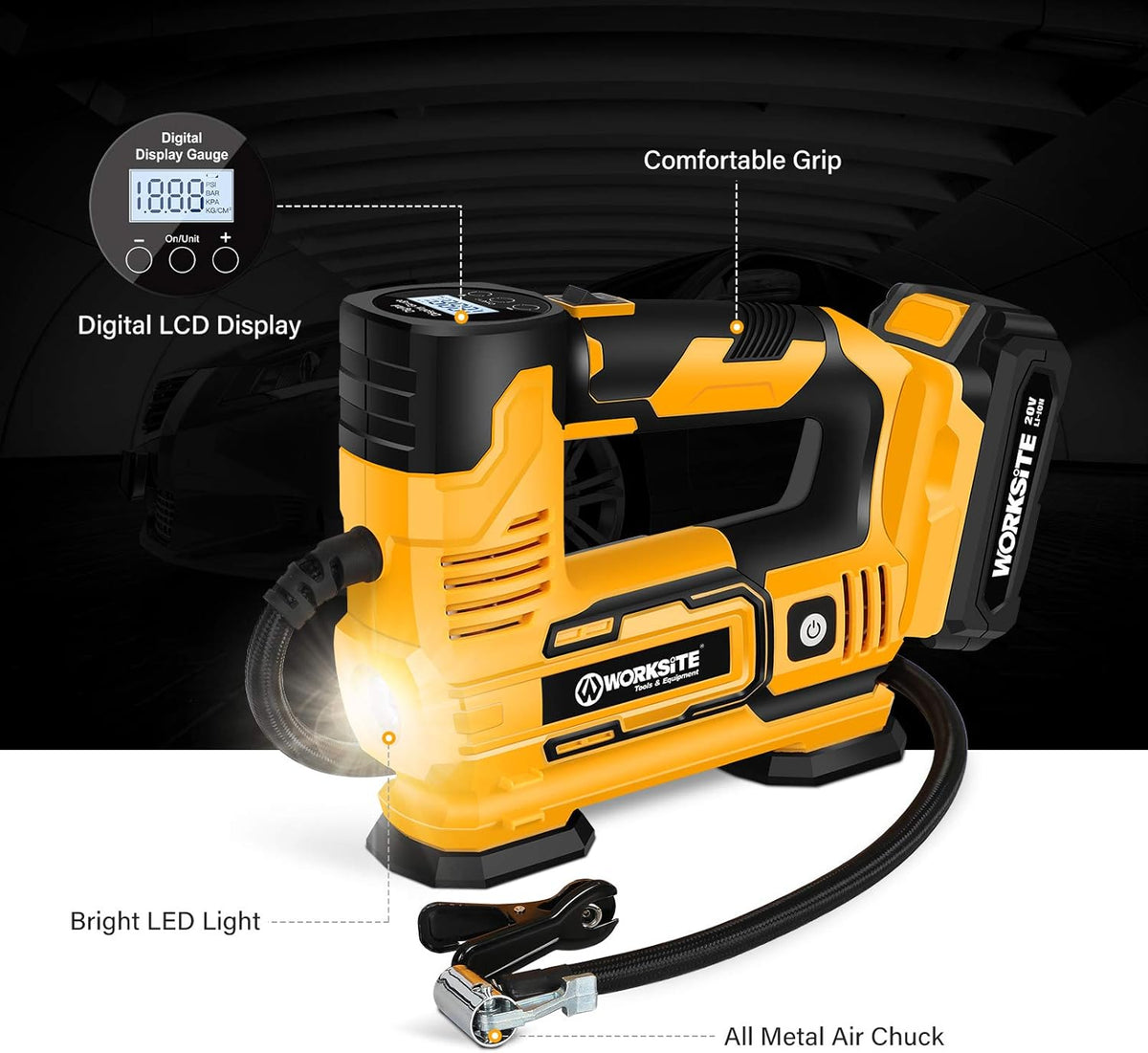 Tire Inflator Air Compressor Portable, 20V Cordless Tire Pump 150 PSI with Digital Pressure Gauge, Rechargeable Li-ion Battery and 12V Car Power Adapter Pack of 2 O863