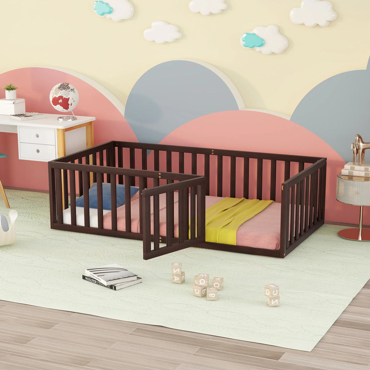 Wood Floor Bed with Fence and Door E558174