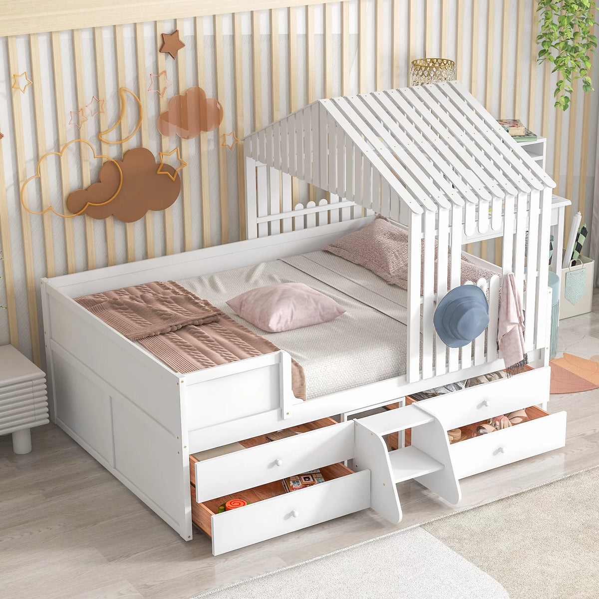 Full Size Low Loft Bed with Four Drawers White L79672